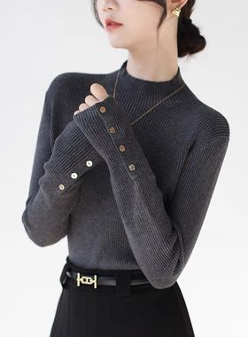 王炸内搭半高领纽扣针织衫女修身显瘦优雅知性设计感氛围感拉满