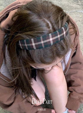 韩系复古绿色格子发箍女百搭宽边成人头箍发饰女秋冬学院风头箍
