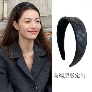 钟楚曦同款法式复古高级感新款秋冬高颅顶皮质头箍优雅菱格发箍~