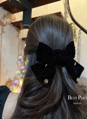 bestpart黑色丝绒细闪小香风蝴蝶结弹簧夹韩国气质优雅头饰发夹～
