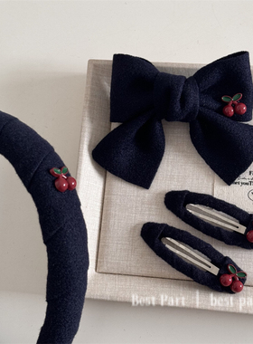 日系风格藏青小樱桃布艺发夹刘海夹BB夹高级感藏蓝色蝴蝶结发卡女