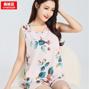 印花可外穿凉感透气棉绸家居服套装 短裤 无袖 桑维亚棉绸睡衣女夏季