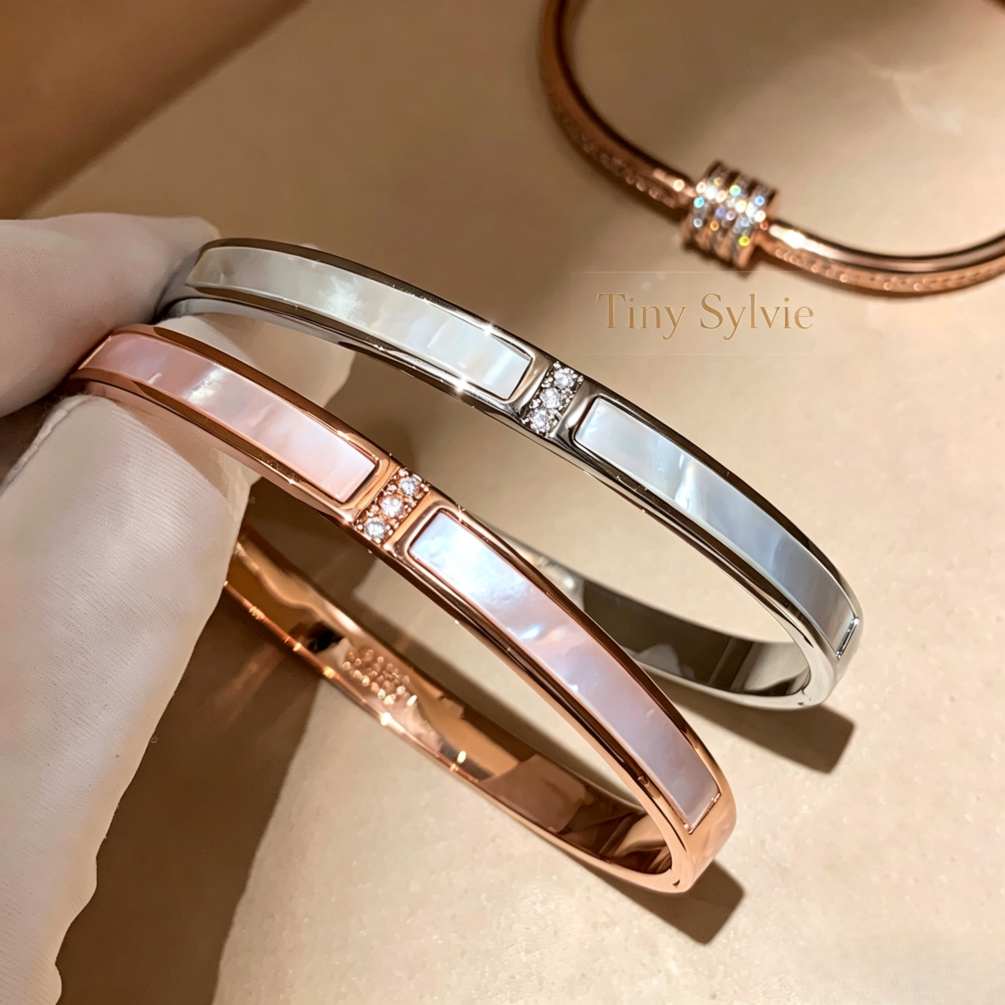 小众设计师白贝母玫瑰金银手镯
