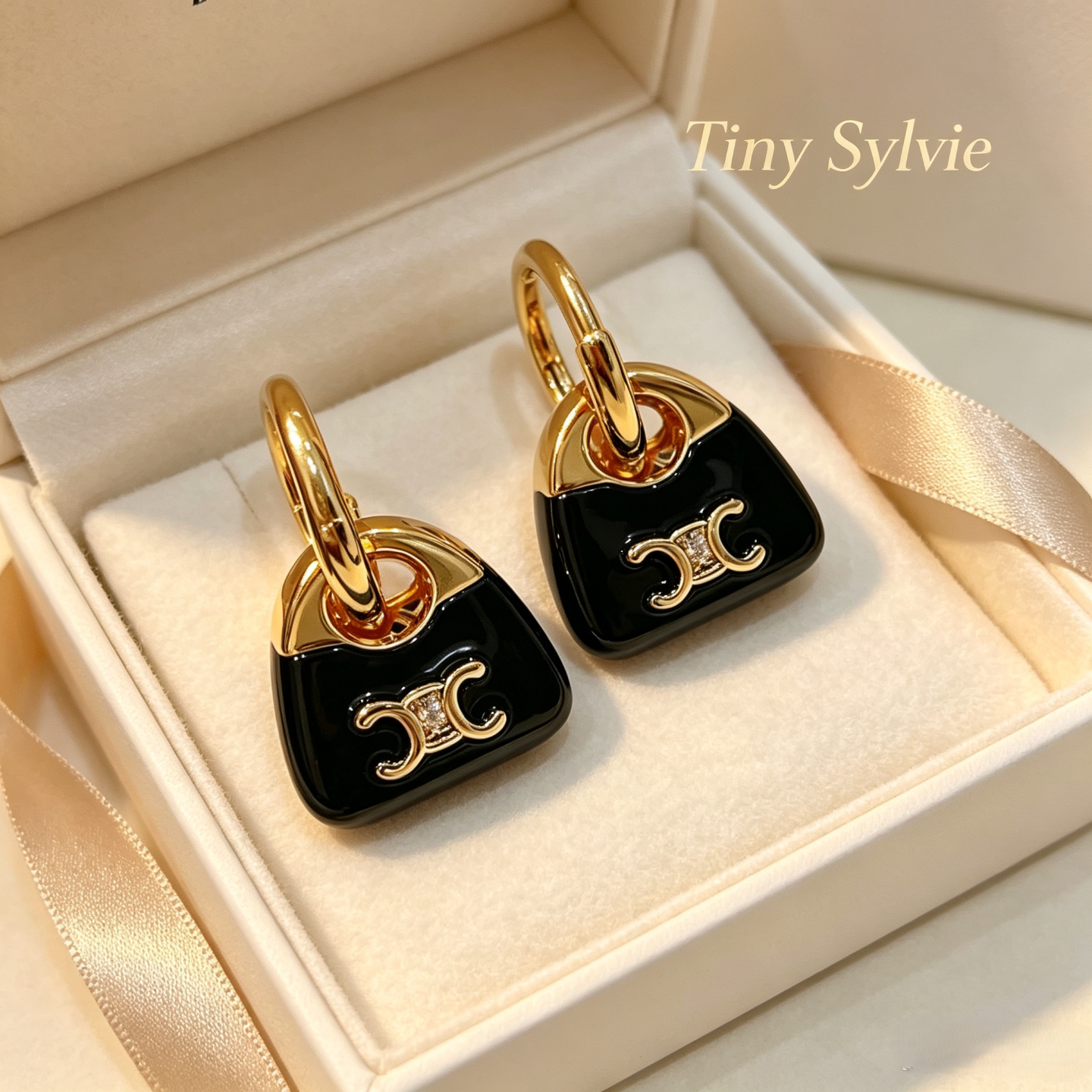 Tiny Sylvie凯旋门耳环女小众设计轻奢黑色珐琅耳饰耳圈金色耳扣