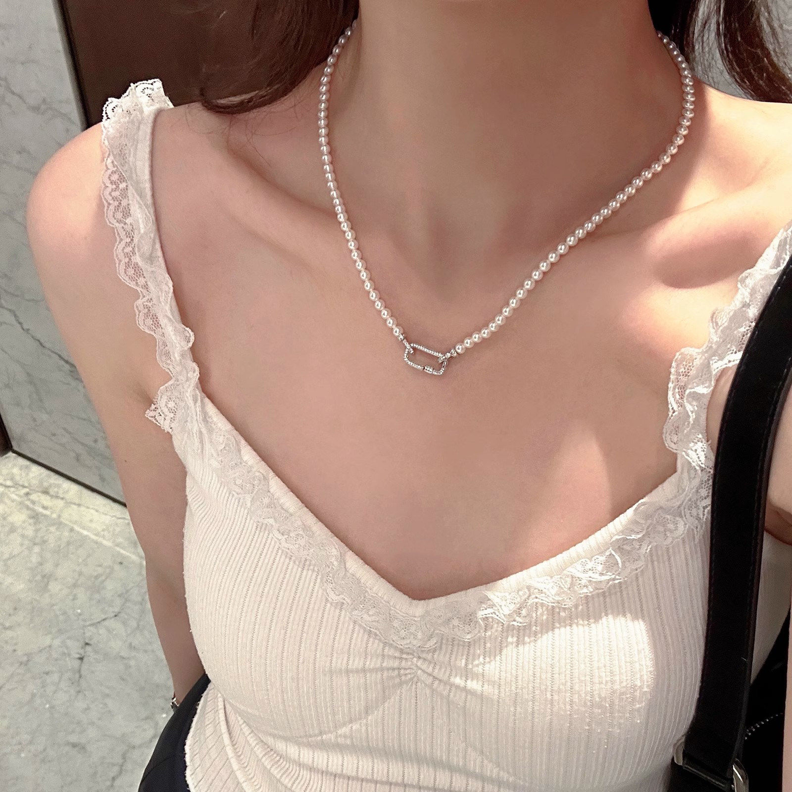 Tiny Sylvie 回形针水晶珍珠项链小米珠设计感锁骨链
