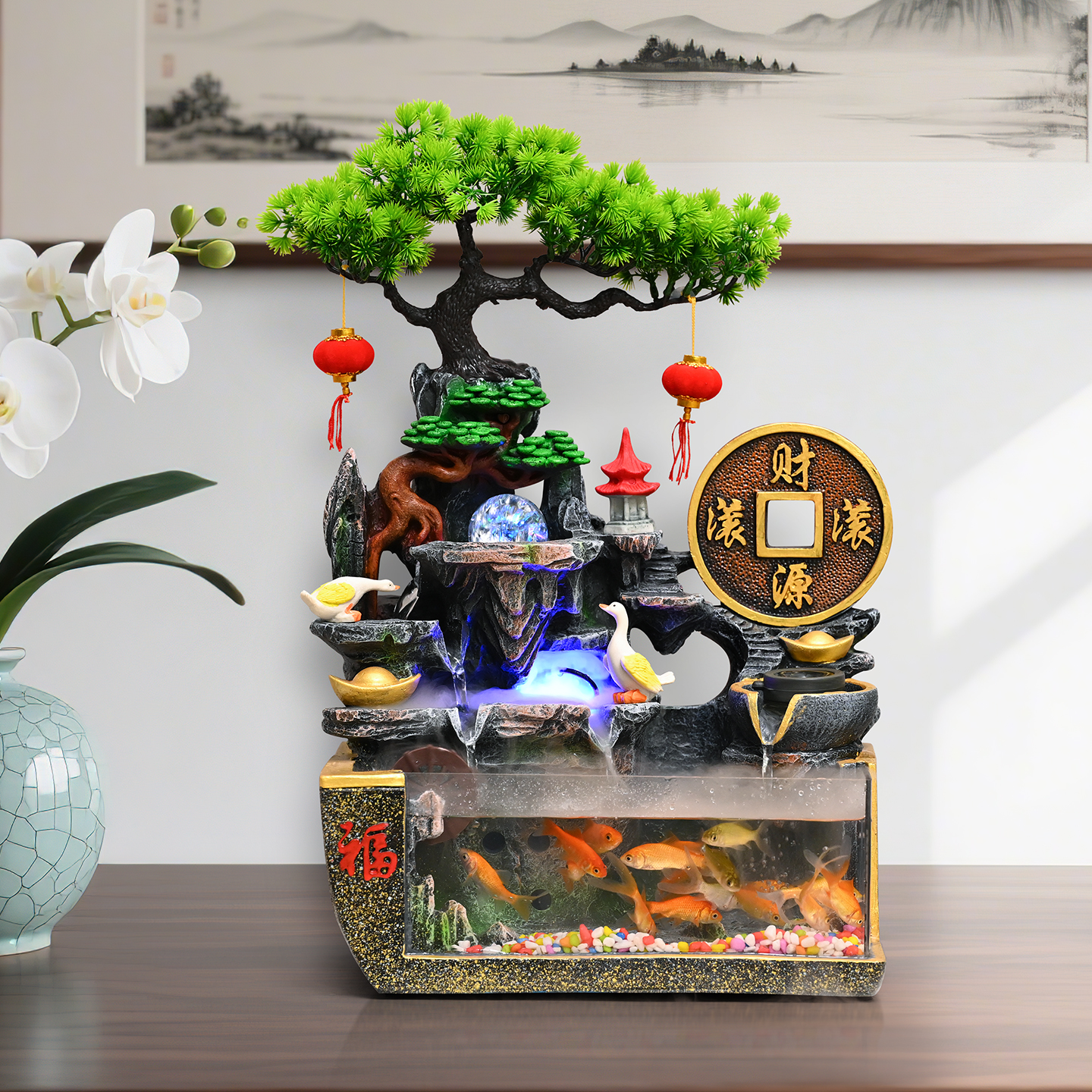 桌面假山山水喷泉景观风水轮加湿器客厅小型鱼缸循环水车流水摆件