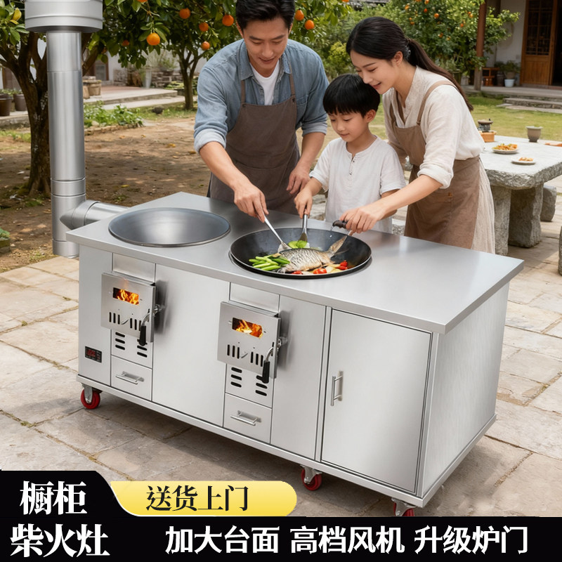柴火灶新款农村家用烧木柴加厚不锈钢移动室内户外双锅节能省柴灶