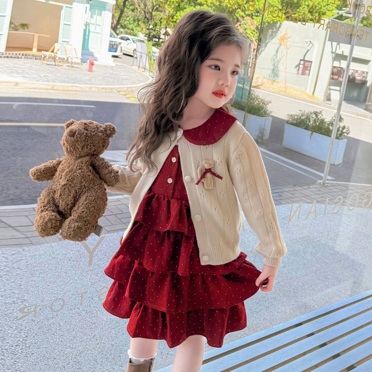 女童春秋冬装新款公主连衣裙针织开衫两件套蛋糕裙洋气背心裙套装