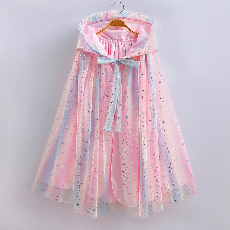 女童七彩虹网纱秋季新款连帽披风