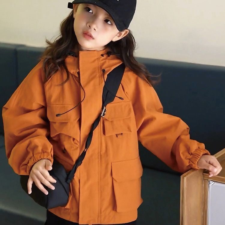 女童连帽休闲冲锋衣女孩春秋冬多口袋防风洋气工装服户外运动上衣