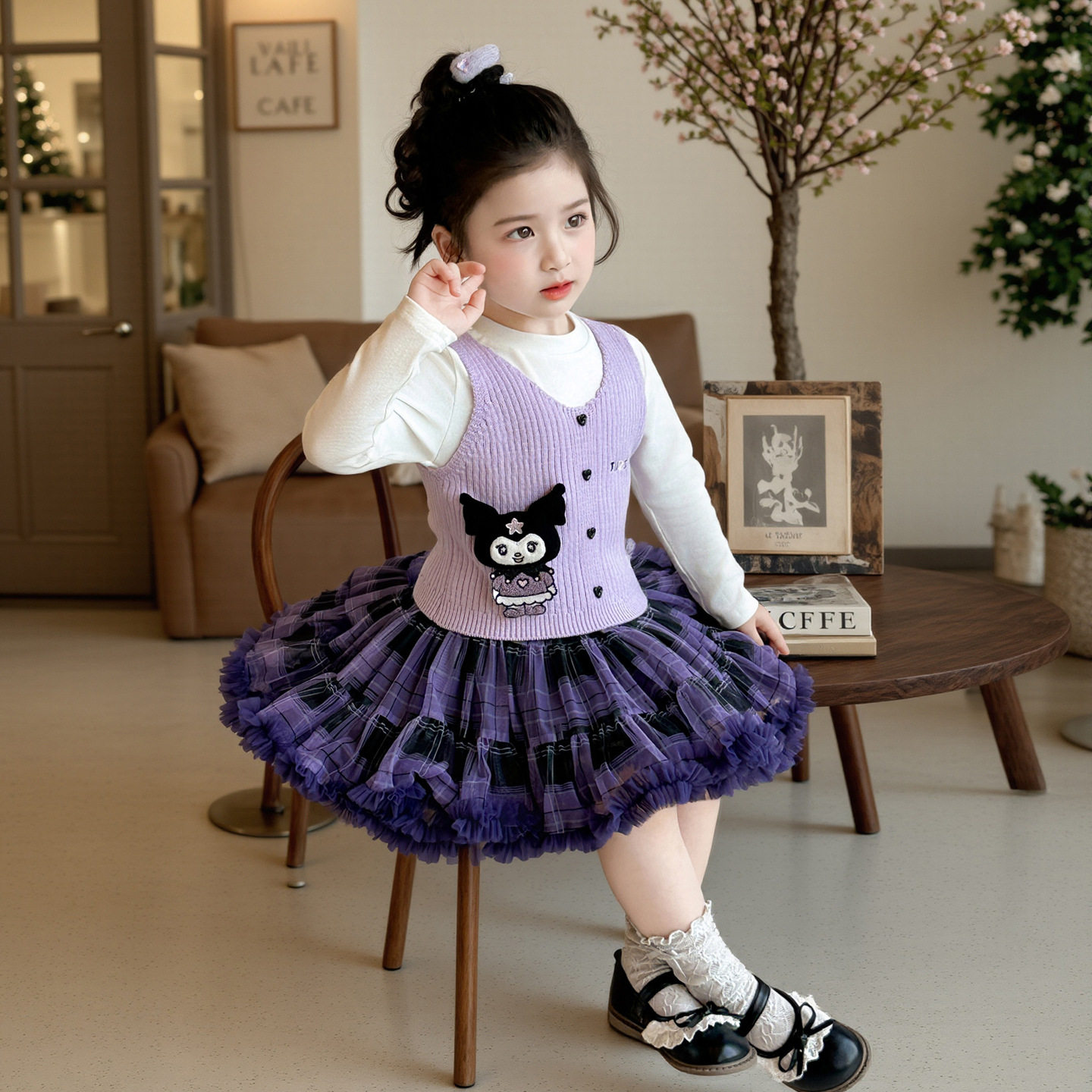 女童库洛米学院风蓬蓬裙春秋冬长袖卡通针织马甲三件套小香风套装