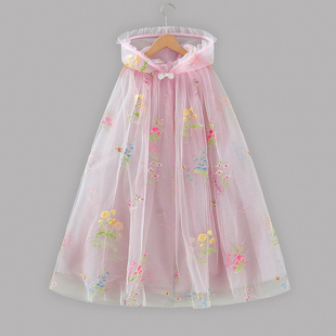 女童汉服刺绣披风夏薄款孩超仙复古中国民族风宝宝披肩网纱长斗篷