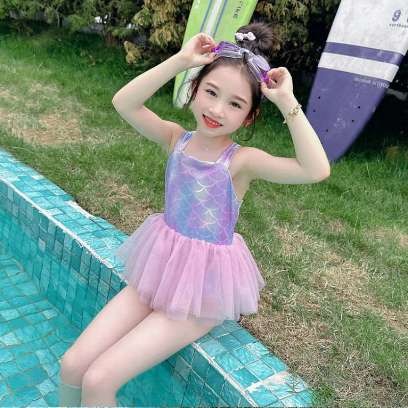 女童美人鱼泳衣2026夏季新款女宝宝鱼鳞亮片吊带网纱速干连体泳装