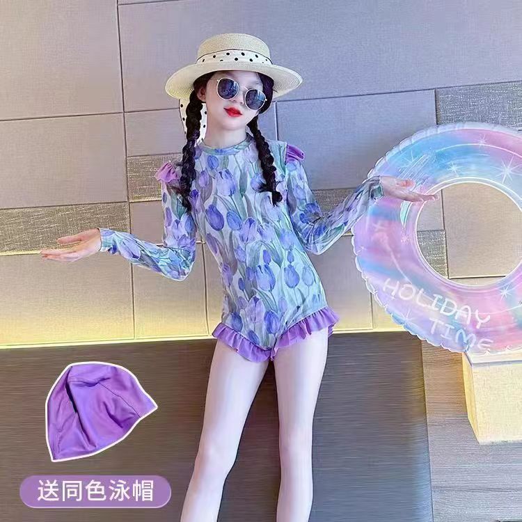 女童连体长袖速干泳装2025新款中大童洋气拼色公主时尚防晒游泳衣
