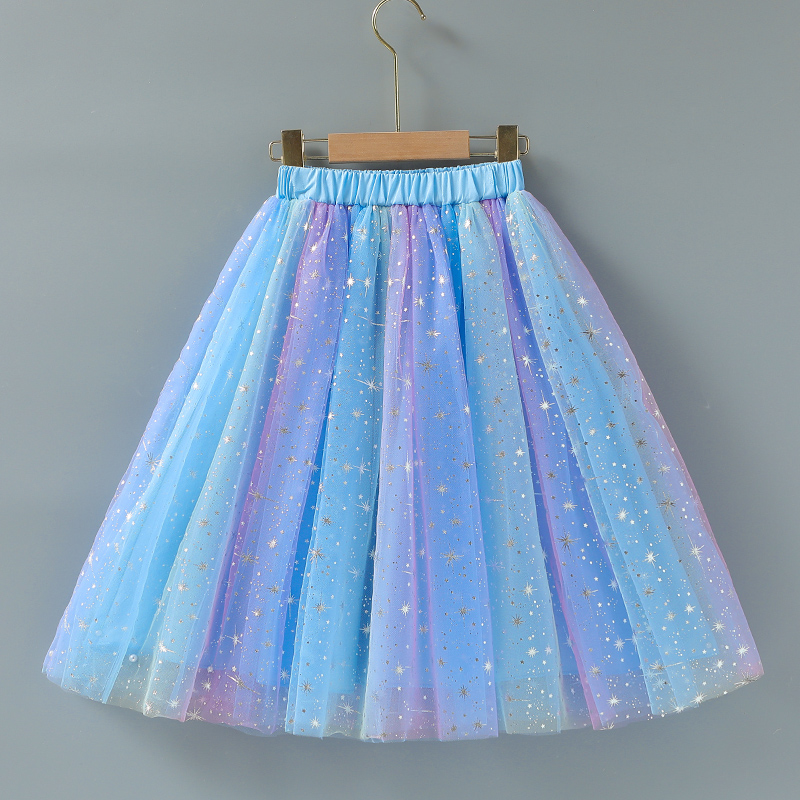 女童七彩半身裙中长款蓬蓬网纱秋