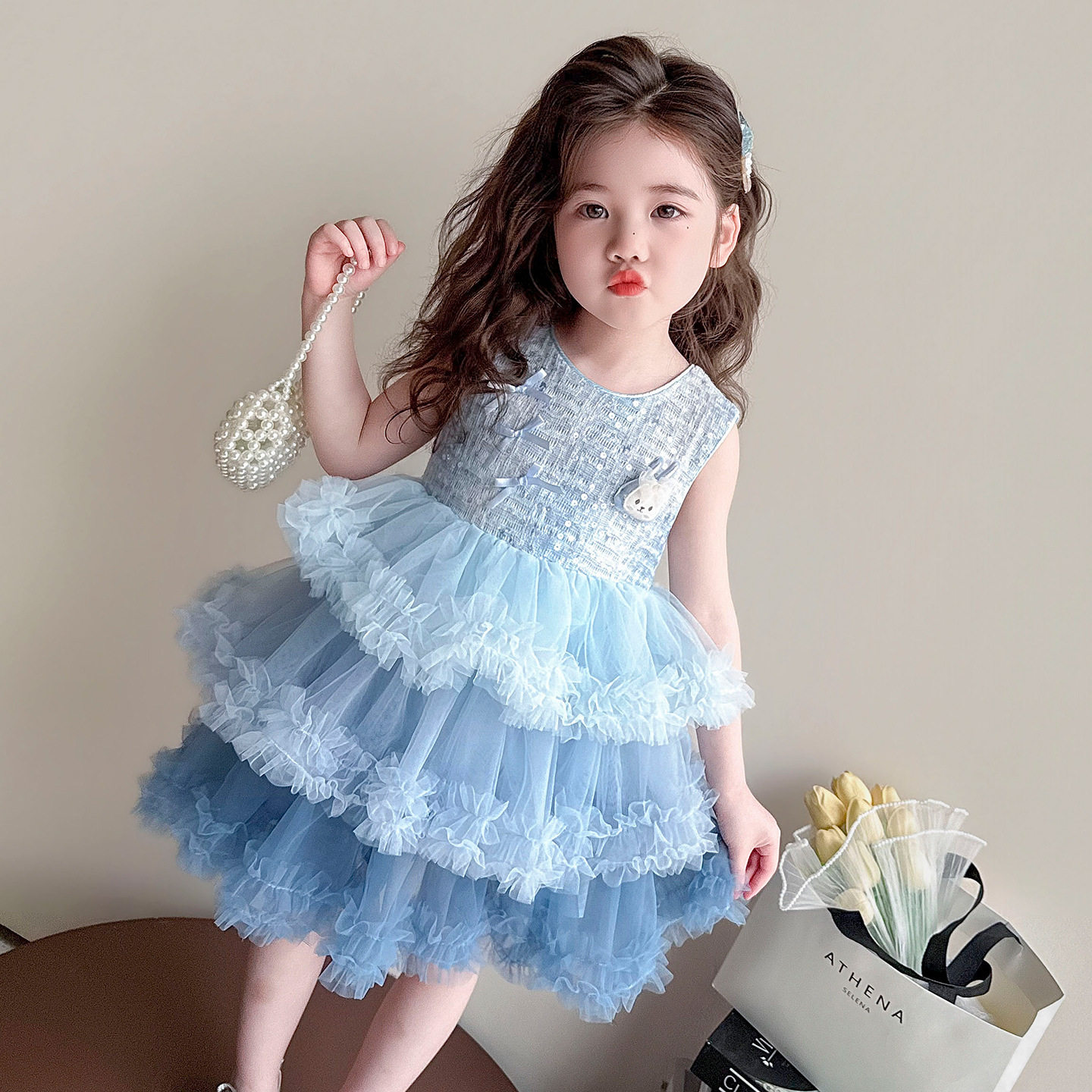 女童背心无袖蝴蝶结蛋糕连衣裙2026夏季新款韩版网纱公主蓬蓬礼服