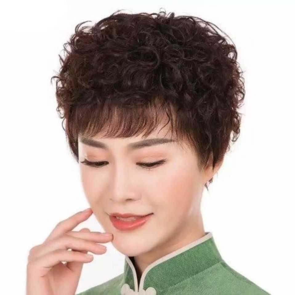中老年假发女短发圆脸短卷发斜刘海真人发丝妈妈假发套真发短卷发