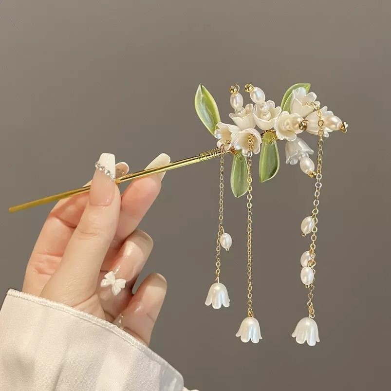 玉兰花发簪古风簪子汉服头饰女旗袍发饰流苏珍珠金属发钗步摇1#