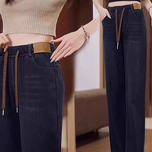 子宽松显瘦休闲百搭直筒阔腿牛仔裤 新款 中老年妈妈秋冬加绒加厚裤