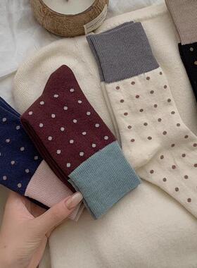 韩国森系中筒女士秋冬新款袜子个性日常撞色复古系袜子优雅小点点