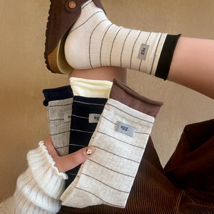 双罗口款 袜子女中筒袜ins潮细条纹egg字母袜子堆堆袜长袜棉袜 韩版