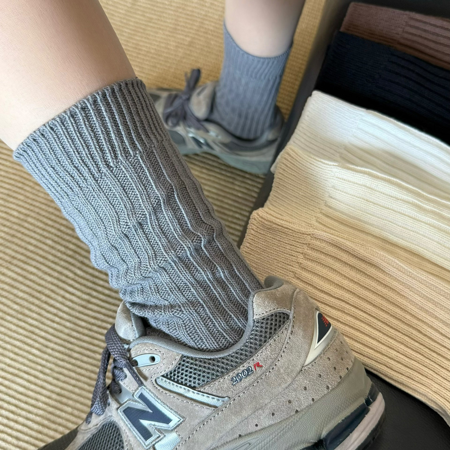 灰色袜子女春秋季粗线堆堆袜简约针织毛线中筒袜粗针秋冬长筒袜