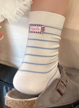 后跟布标白色条纹袜子春季ins潮中筒袜吸汗防臭日系复古韩系