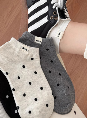 波点布标袜子女短袜ins潮纯棉夏季薄款日系复古春秋白色中筒袜