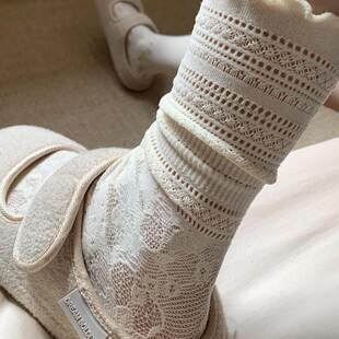ins白色镂空蕾丝jk堆堆袜子女中筒配玛丽珍木耳边小腿袜薄款 夏季