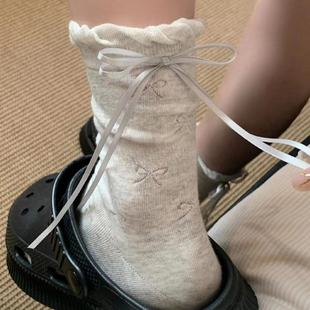 日系可爱薄款 夏季 蝴蝶结袜子女中筒袜纯棉ins潮百搭学院风堆堆袜