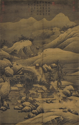 金佚名雪栈牛车图国画山水人物仿古画微喷打印复制画绢布画心