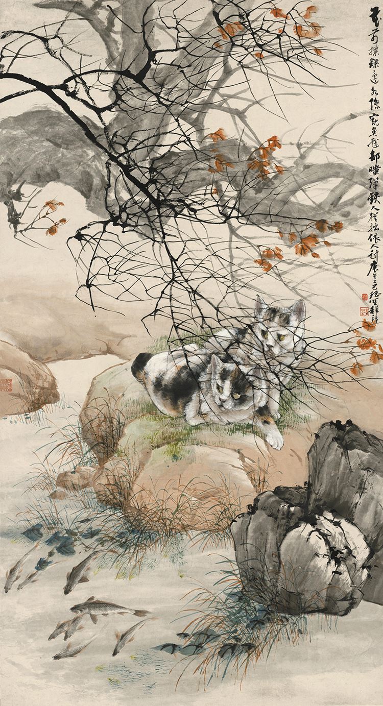 程璋双猫窥鱼图艺术微喷宣纸复制画原大高清临摹画稿装饰画图片