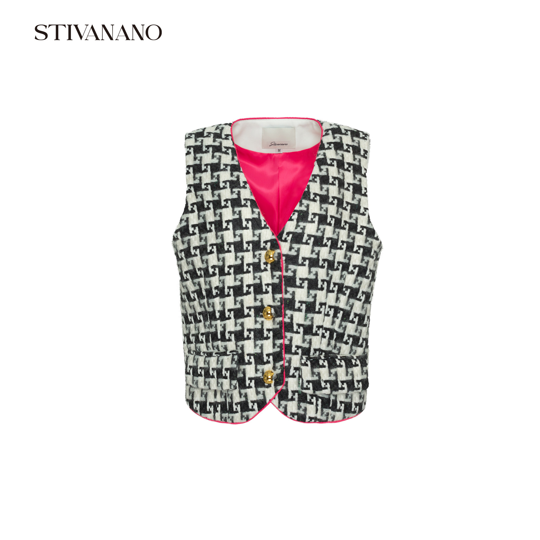 Stivanano千鸟格玫红拼马夹
