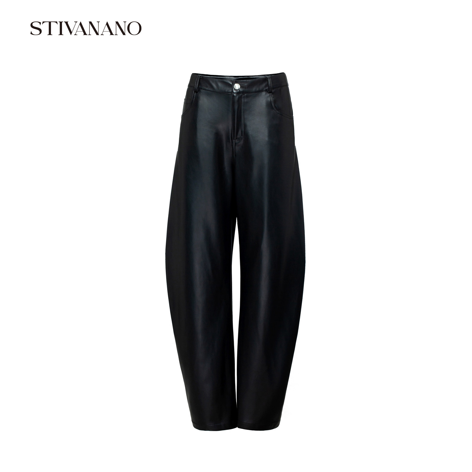 Stivanano黑色弧形蛋白皮长裤