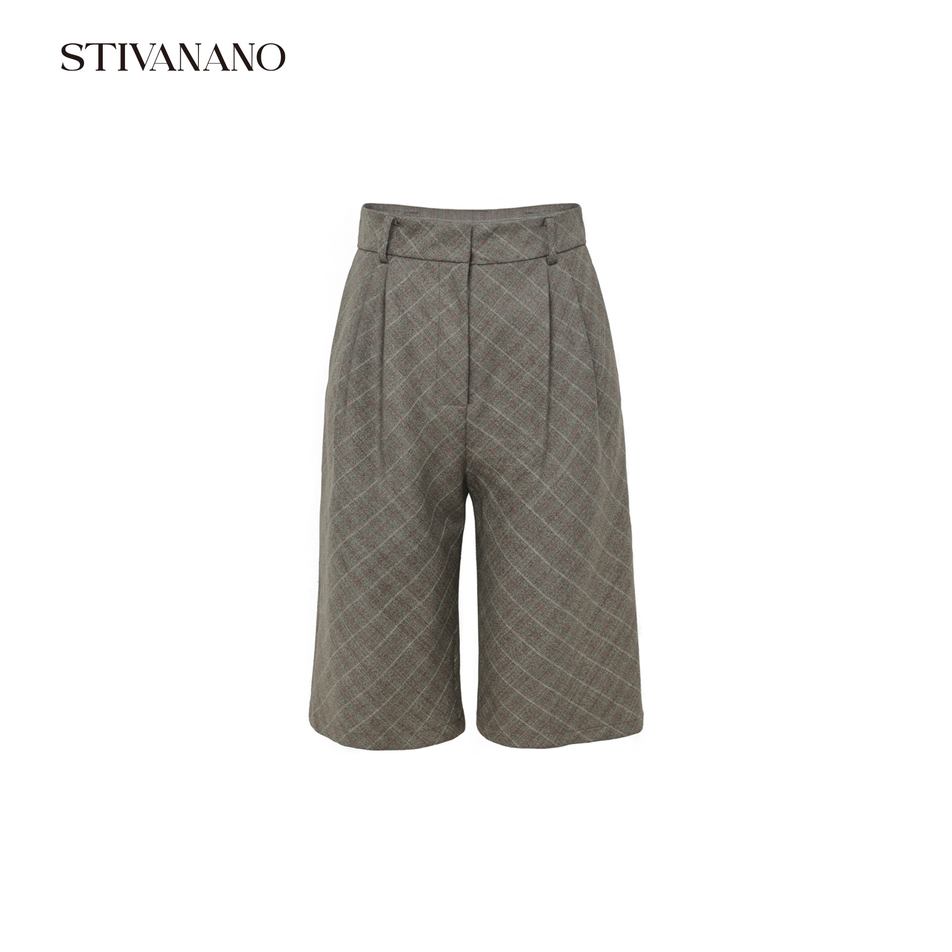 Stivanano 灰棕格纹抽褶马裤