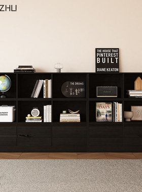 意式复古书柜模块组合边柜落地矮柜客厅电视柜黑色书架置物柜定制
