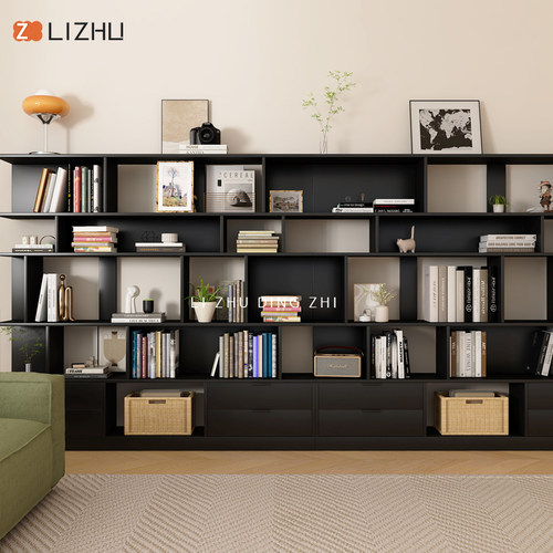 北欧黑色阅读书架落地一体