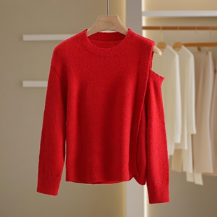 【朗斯莉】含羊毛简约红色新年露肩毛衣折扣女S