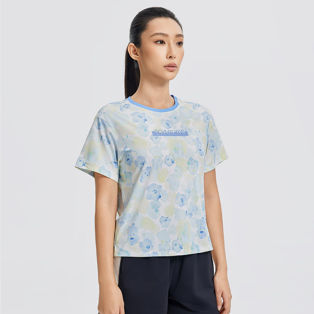 GYMANT肌肉蚂蚁夏季新款高弹亲肤舒适运动衣蓝绿色女圆领短袖T恤