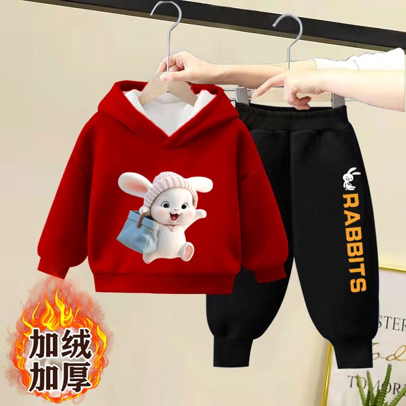 冬季男女童加绒加厚冬装套装中小童儿童宝宝洋气连帽卫衣两件套潮
