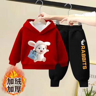 冬季男女童加绒加厚冬装套装中小童儿童宝宝洋气连帽卫衣两件套潮