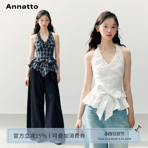 ANNATTO格纹蝴蝶结挂脖收腰上衣