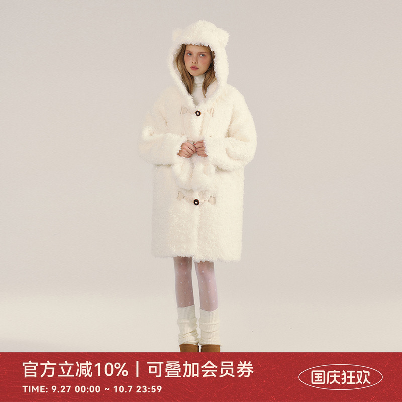 白色毛毛外套连帽羊羔毛大衣