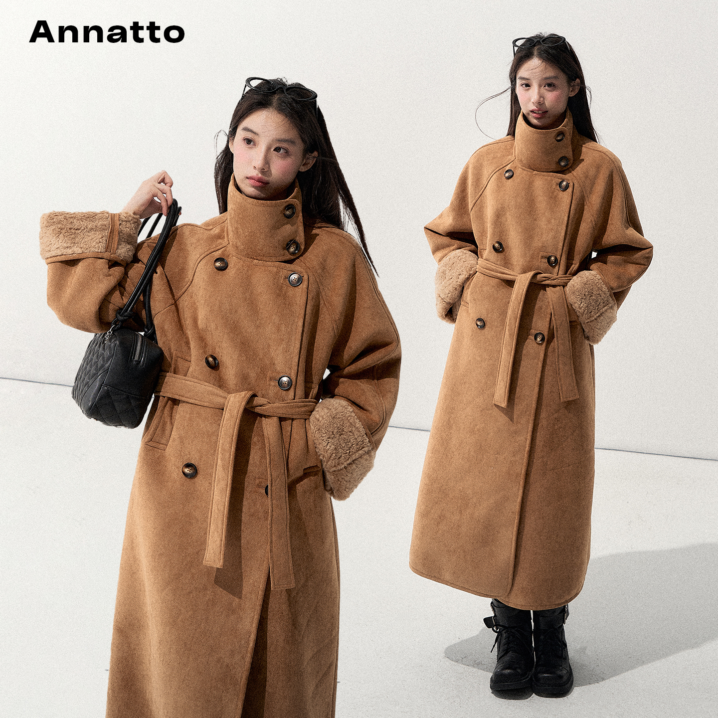 ANNATTO棕色皮毛一体长款大衣