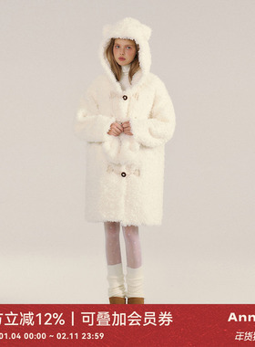 ANNATTO奶油小熊 白色毛茸茸大衣连帽毛毛外套冬仿皮毛一体羊羔毛