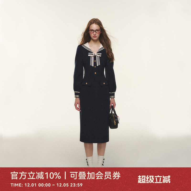 ANNATTO 2024年秋季学院风海军领蝴蝶结长袖连衣裙中长款裙子女