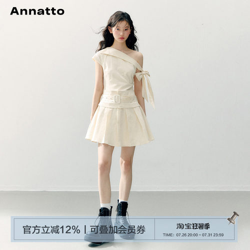 ANNATTO夏季斜肩绑带百褶连衣裙