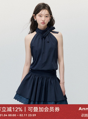 ANNATTO 夏日绝美原创法式藏青色蝴蝶结挂脖无袖宽松显瘦连衣裙女