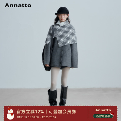 ANNATTO格纹斗篷灰色毛衣套装女