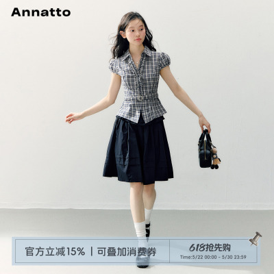 ANNATTO复古格纹腰带短袖衬衫